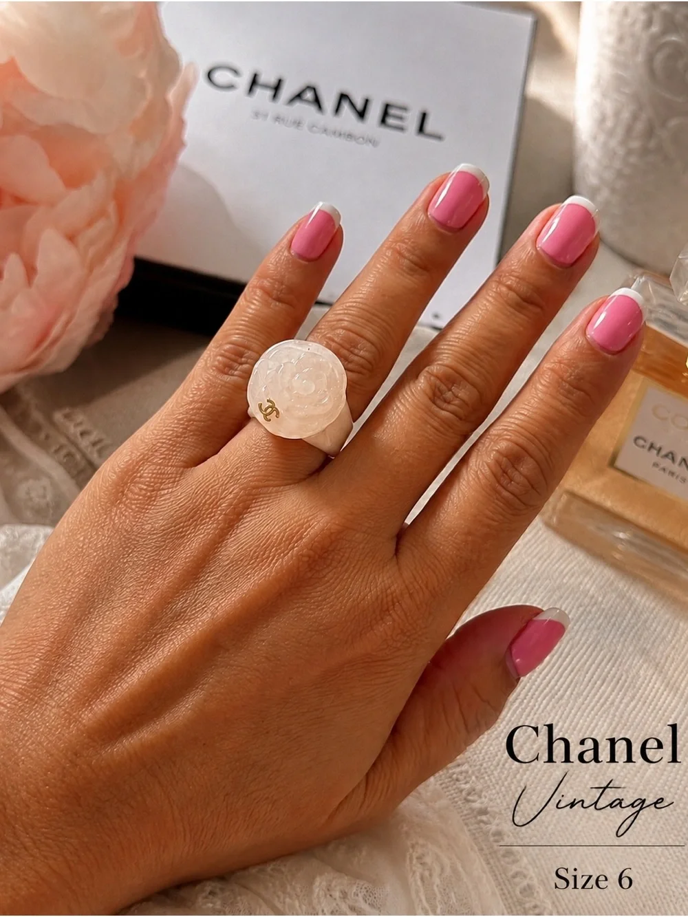 Chanel Pink Camellia Resin Ring with Gold CC Logo - Size 6 vintage